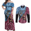 Personalised New South Wales And Queensland Couples Matching Off Shoulder Maxi Dress and Long Sleeve Button Shirt Cockroaches With Frogs Aboriginal Art