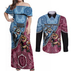 Personalised New South Wales And Queensland Couples Matching Off Shoulder Maxi Dress and Long Sleeve Button Shirt Cockroaches With Frogs Aboriginal Art