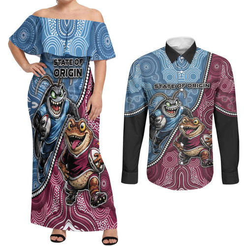 Personalised New South Wales And Queensland Couples Matching Off Shoulder Maxi Dress and Long Sleeve Button Shirt Cockroaches With Frogs Aboriginal Art