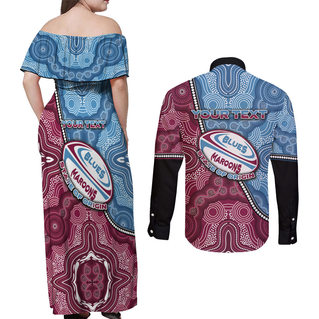 Personalised New South Wales And Queensland Couples Matching Off Shoulder Maxi Dress and Long Sleeve Button Shirt Cockroaches With Frogs Aboriginal Art