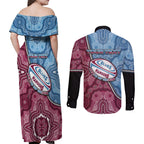 Personalised New South Wales And Queensland Couples Matching Off Shoulder Maxi Dress and Long Sleeve Button Shirt Cockroaches With Frogs Aboriginal Art
