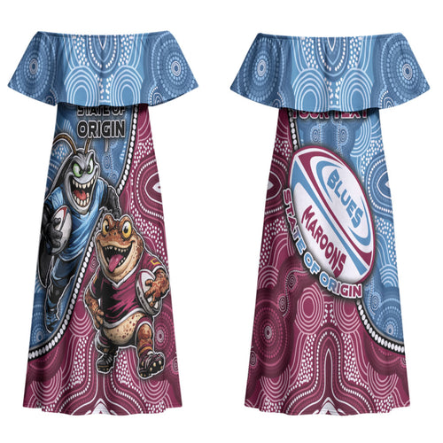 Personalised New South Wales And Queensland Couples Matching Off Shoulder Maxi Dress and Long Sleeve Button Shirt Cockroaches With Frogs Aboriginal Art DT05