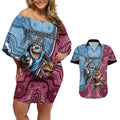 Personalised New South Wales And Queensland Couples Matching Off Shoulder Short Dress and Hawaiian Shirt Cockroaches With Frogs Aboriginal Art