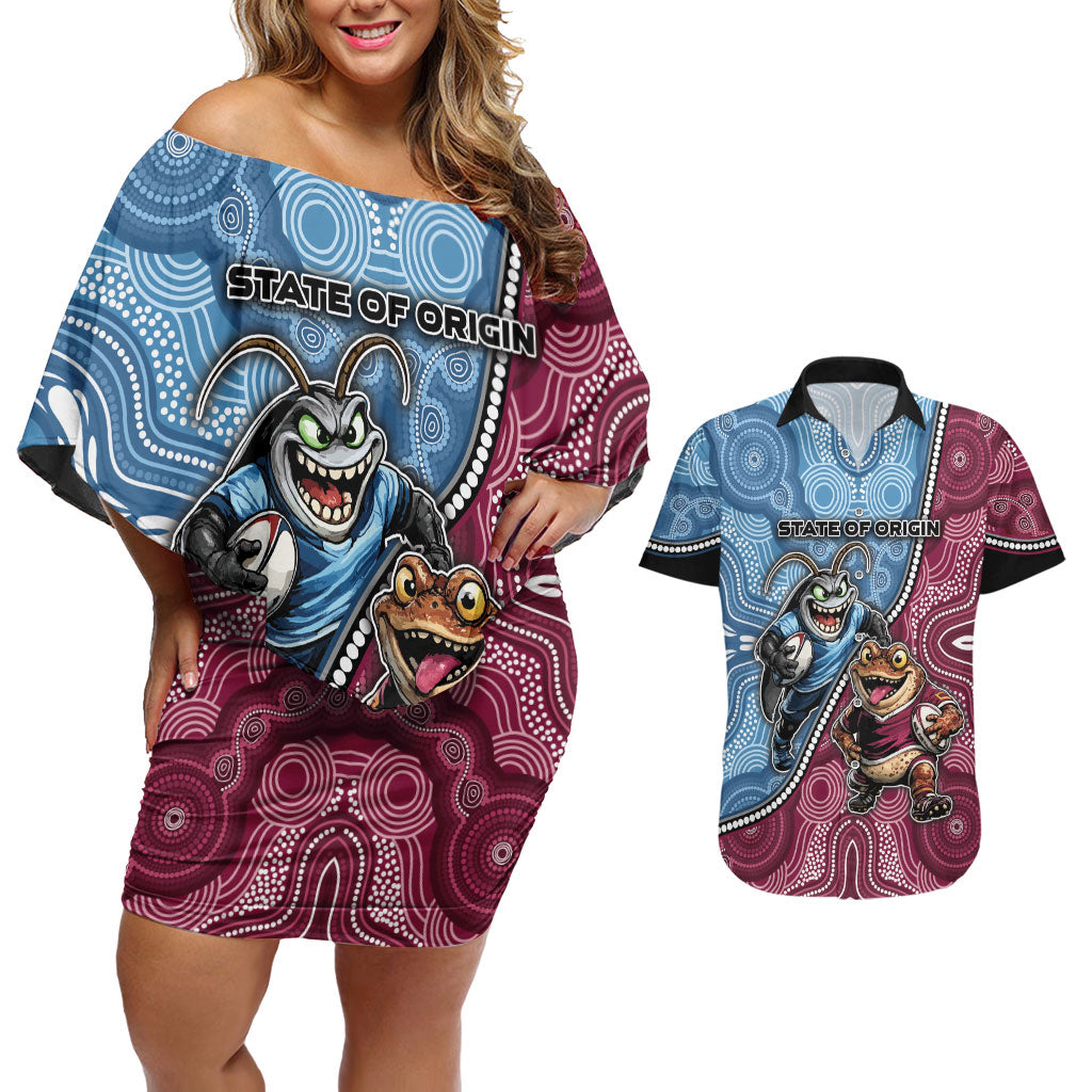 Personalised New South Wales And Queensland Couples Matching Off Shoulder Short Dress and Hawaiian Shirt Cockroaches With Frogs Aboriginal Art