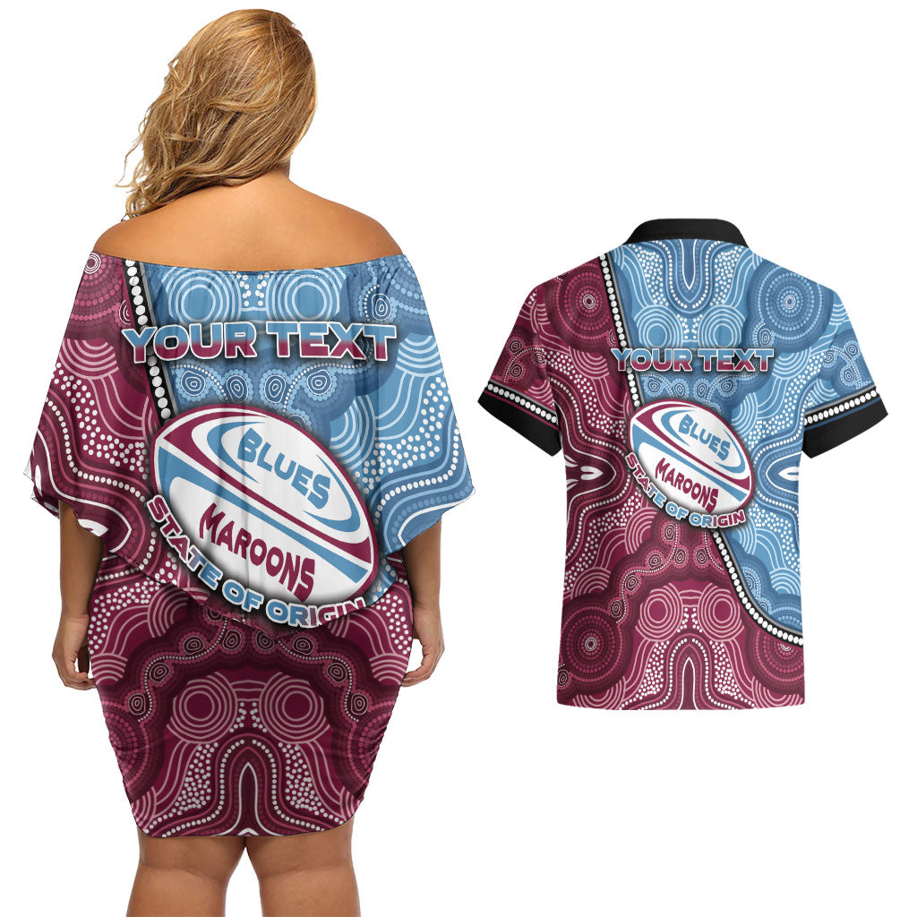 Personalised New South Wales And Queensland Couples Matching Off Shoulder Short Dress and Hawaiian Shirt Cockroaches With Frogs Aboriginal Art