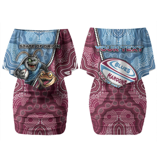 Personalised New South Wales And Queensland Couples Matching Off Shoulder Short Dress and Hawaiian Shirt Cockroaches With Frogs Aboriginal Art