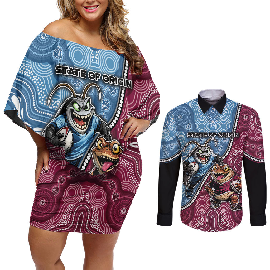 Personalised New South Wales And Queensland Couples Matching Off Shoulder Short Dress and Long Sleeve Button Shirt Cockroaches With Frogs Aboriginal Art