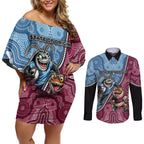 Personalised New South Wales And Queensland Couples Matching Off Shoulder Short Dress and Long Sleeve Button Shirt Cockroaches With Frogs Aboriginal Art