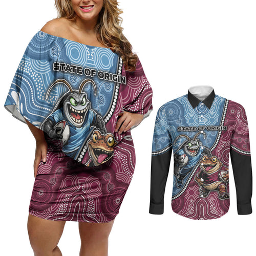 Personalised New South Wales And Queensland Couples Matching Off Shoulder Short Dress and Long Sleeve Button Shirt Cockroaches With Frogs Aboriginal Art