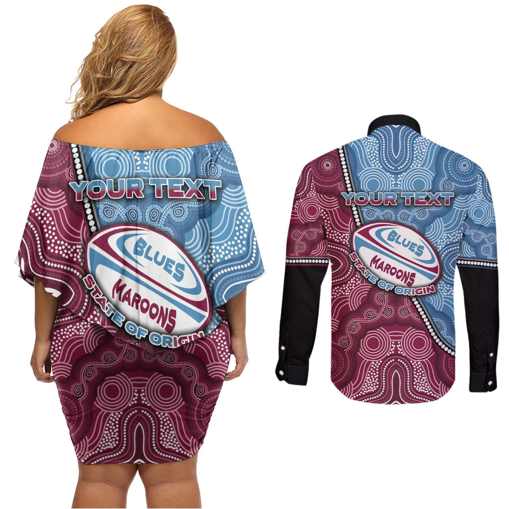 Personalised New South Wales And Queensland Couples Matching Off Shoulder Short Dress and Long Sleeve Button Shirt Cockroaches With Frogs Aboriginal Art