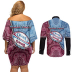 Personalised New South Wales And Queensland Couples Matching Off Shoulder Short Dress and Long Sleeve Button Shirt Cockroaches With Frogs Aboriginal Art