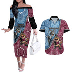 Personalised New South Wales And Queensland Couples Matching Off The Shoulder Long Sleeve Dress and Hawaiian Shirt Cockroaches With Frogs Aboriginal Art
