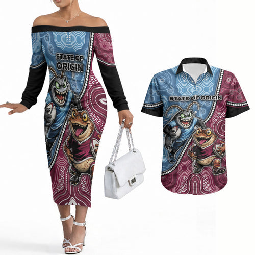 Personalised New South Wales And Queensland Couples Matching Off The Shoulder Long Sleeve Dress and Hawaiian Shirt Cockroaches With Frogs Aboriginal Art