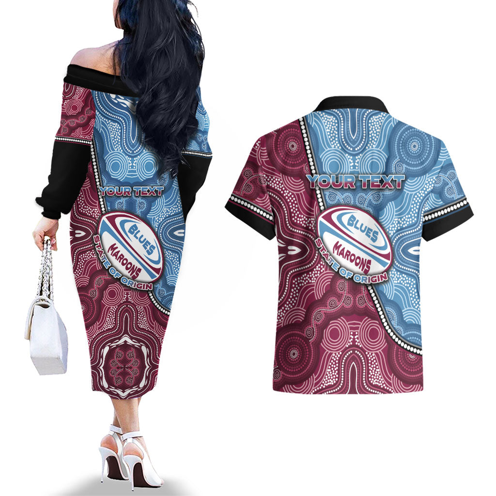 Personalised New South Wales And Queensland Couples Matching Off The Shoulder Long Sleeve Dress and Hawaiian Shirt Cockroaches With Frogs Aboriginal Art