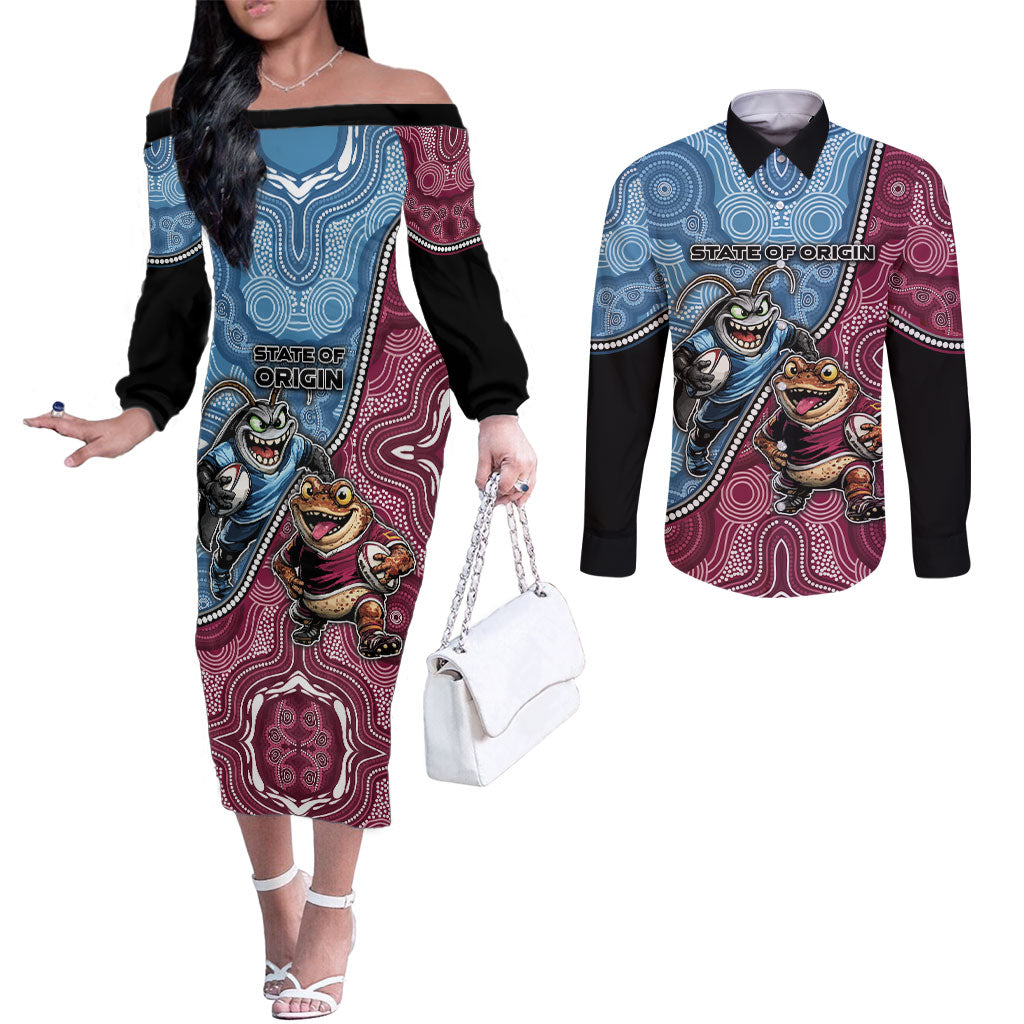 Personalised New South Wales And Queensland Couples Matching Off The Shoulder Long Sleeve Dress and Long Sleeve Button Shirt Cockroaches With Frogs Aboriginal Art