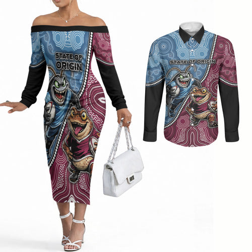 Personalised New South Wales And Queensland Couples Matching Off The Shoulder Long Sleeve Dress and Long Sleeve Button Shirt Cockroaches With Frogs Aboriginal Art