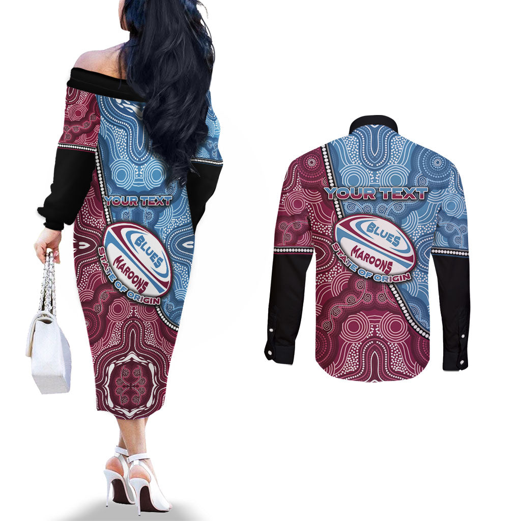 Personalised New South Wales And Queensland Couples Matching Off The Shoulder Long Sleeve Dress and Long Sleeve Button Shirt Cockroaches With Frogs Aboriginal Art