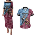 Personalised New South Wales And Queensland Couples Matching Puletasi and Hawaiian Shirt Cockroaches With Frogs Aboriginal Art