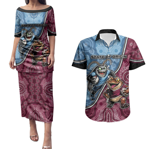 Personalised New South Wales And Queensland Couples Matching Puletasi and Hawaiian Shirt Cockroaches With Frogs Aboriginal Art