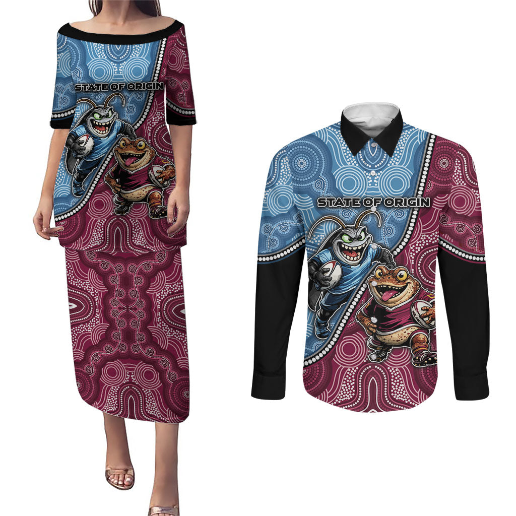 Personalised New South Wales And Queensland Couples Matching Puletasi and Long Sleeve Button Shirt Cockroaches With Frogs Aboriginal Art