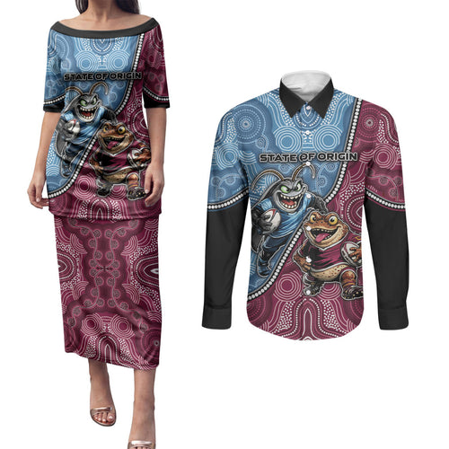 Personalised New South Wales And Queensland Couples Matching Puletasi and Long Sleeve Button Shirt Cockroaches With Frogs Aboriginal Art