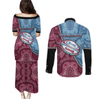Personalised New South Wales And Queensland Couples Matching Puletasi and Long Sleeve Button Shirt Cockroaches With Frogs Aboriginal Art