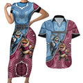 Personalised New South Wales And Queensland Couples Matching Short Sleeve Bodycon Dress and Hawaiian Shirt Cockroaches With Frogs Aboriginal Art