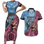 Personalised New South Wales And Queensland Couples Matching Short Sleeve Bodycon Dress and Hawaiian Shirt Cockroaches With Frogs Aboriginal Art
