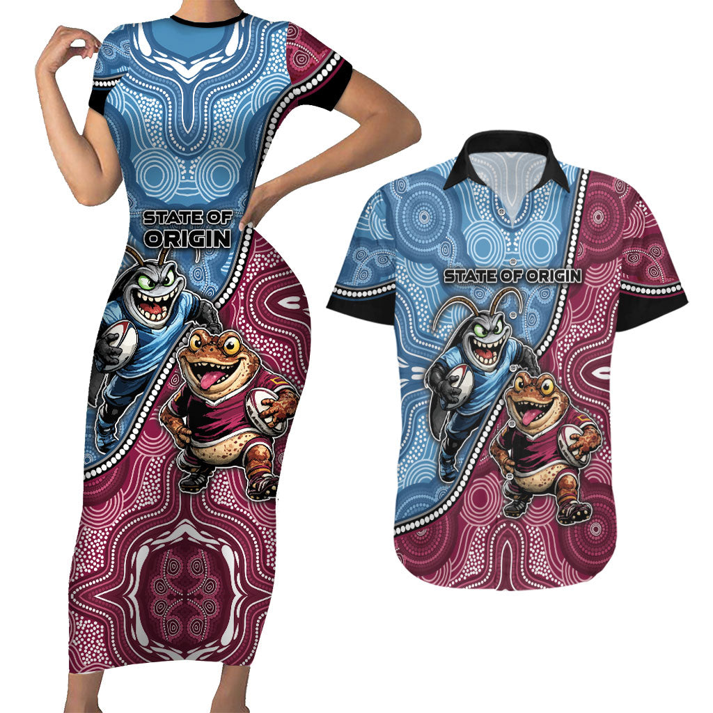 Personalised New South Wales And Queensland Couples Matching Short Sleeve Bodycon Dress and Hawaiian Shirt Cockroaches With Frogs Aboriginal Art
