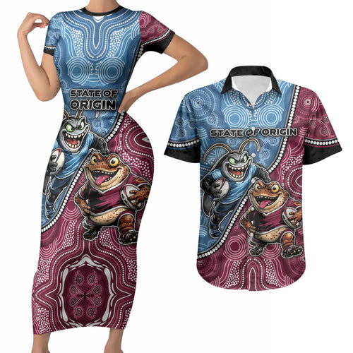 Personalised New South Wales And Queensland Couples Matching Short Sleeve Bodycon Dress and Hawaiian Shirt Cockroaches With Frogs Aboriginal Art