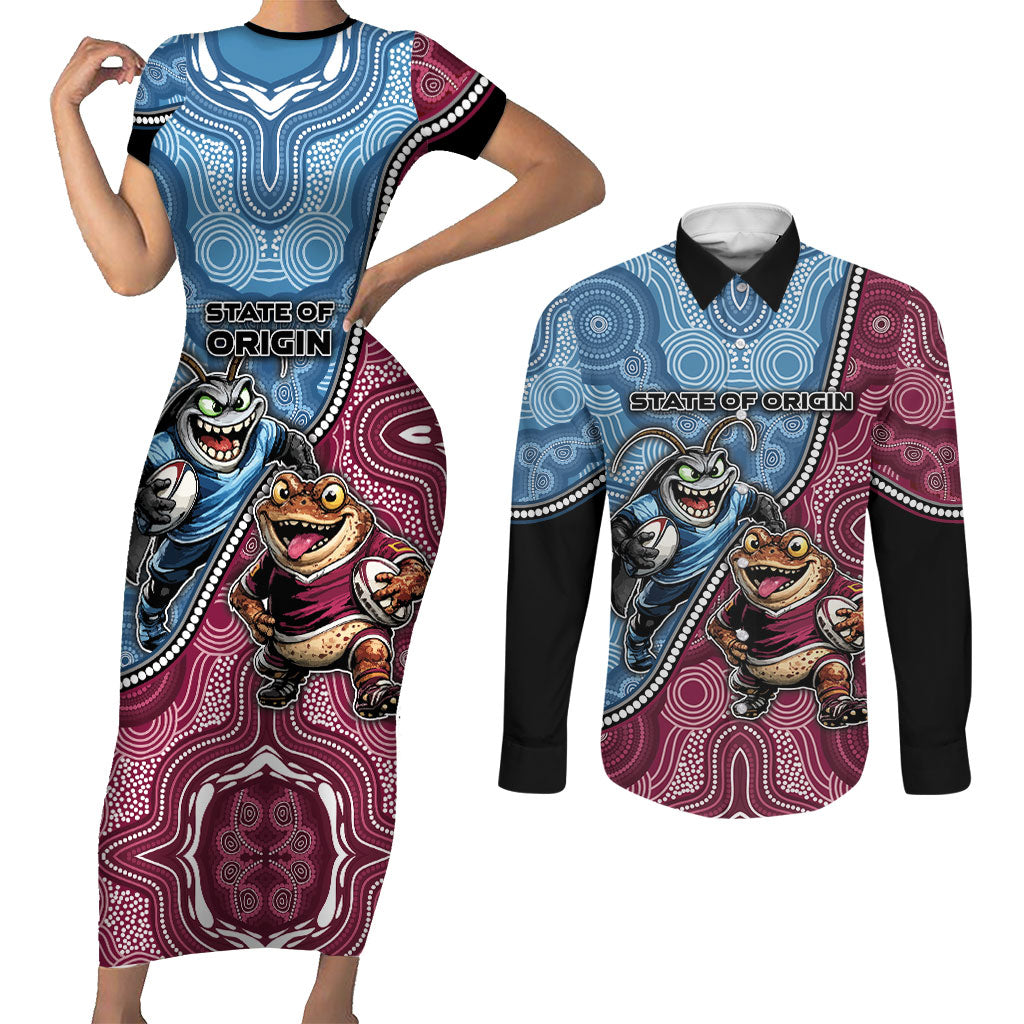 Personalised New South Wales And Queensland Couples Matching Short Sleeve Bodycon Dress and Long Sleeve Button Shirt Cockroaches With Frogs Aboriginal Art