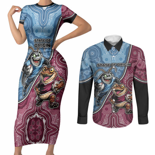 Personalised New South Wales And Queensland Couples Matching Short Sleeve Bodycon Dress and Long Sleeve Button Shirt Cockroaches With Frogs Aboriginal Art