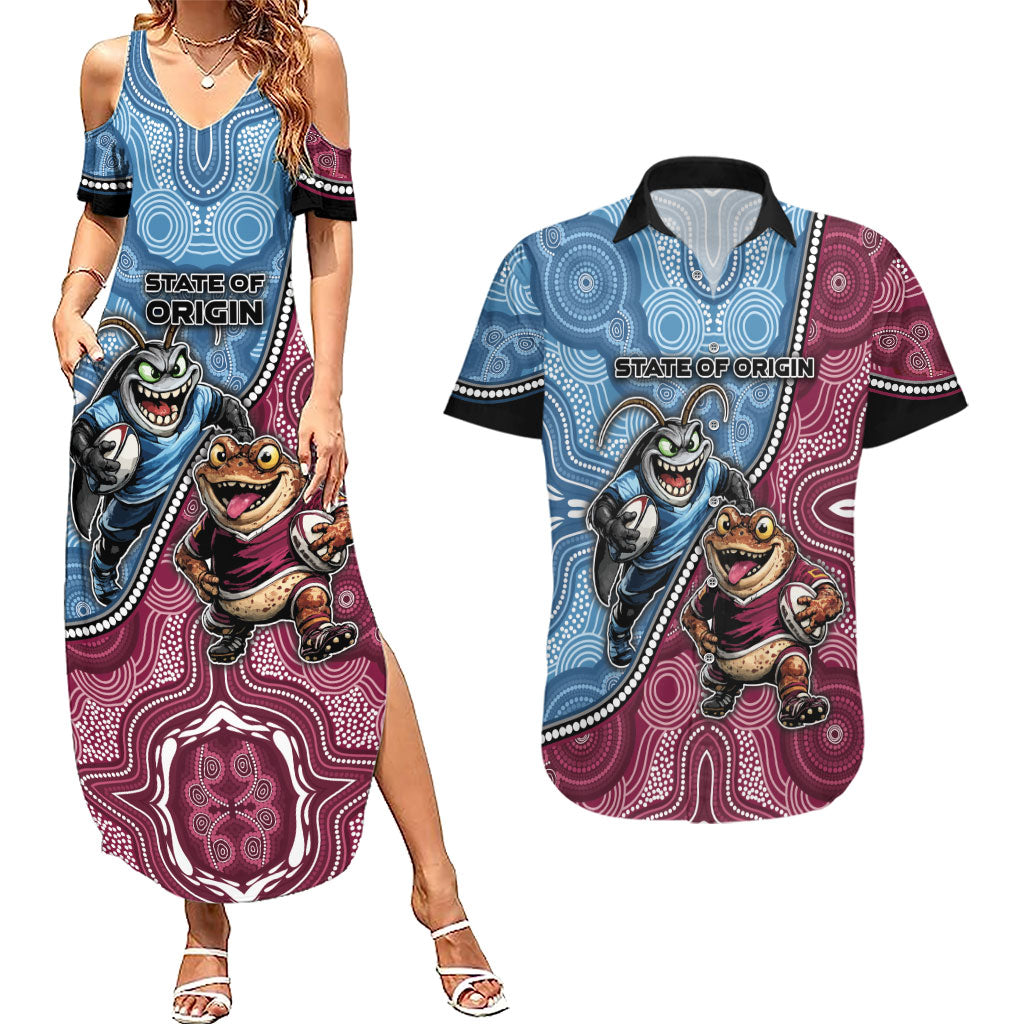 Personalised New South Wales And Queensland Couples Matching Summer Maxi Dress and Hawaiian Shirt Cockroaches With Frogs Aboriginal Art