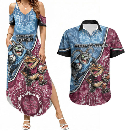 Personalised New South Wales And Queensland Couples Matching Summer Maxi Dress and Hawaiian Shirt Cockroaches With Frogs Aboriginal Art
