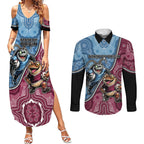 Personalised New South Wales And Queensland Couples Matching Summer Maxi Dress and Long Sleeve Button Shirt Cockroaches With Frogs Aboriginal Art