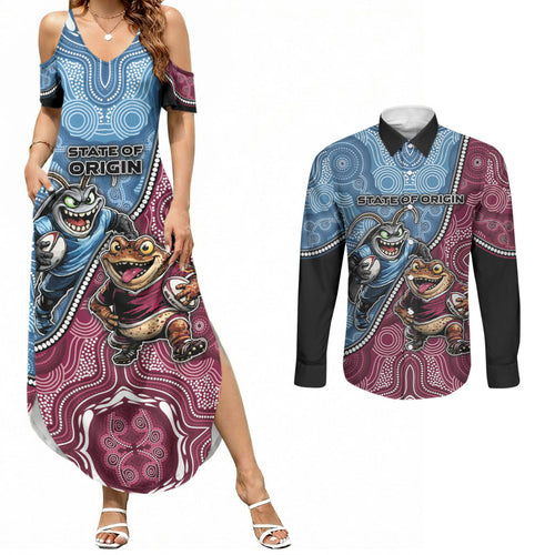 Personalised New South Wales And Queensland Couples Matching Summer Maxi Dress and Long Sleeve Button Shirt Cockroaches With Frogs Aboriginal Art
