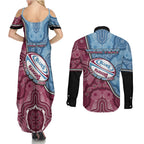 Personalised New South Wales And Queensland Couples Matching Summer Maxi Dress and Long Sleeve Button Shirt Cockroaches With Frogs Aboriginal Art