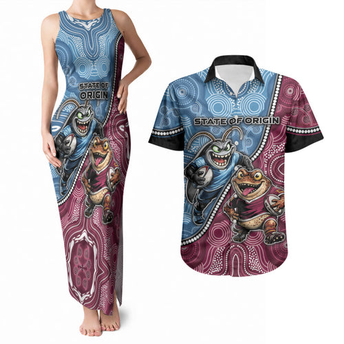 Personalised New South Wales And Queensland Couples Matching Tank Maxi Dress and Hawaiian Shirt Cockroaches With Frogs Aboriginal Art