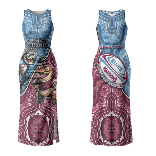 Personalised New South Wales And Queensland Couples Matching Tank Maxi Dress and Hawaiian Shirt Cockroaches With Frogs Aboriginal Art DT05