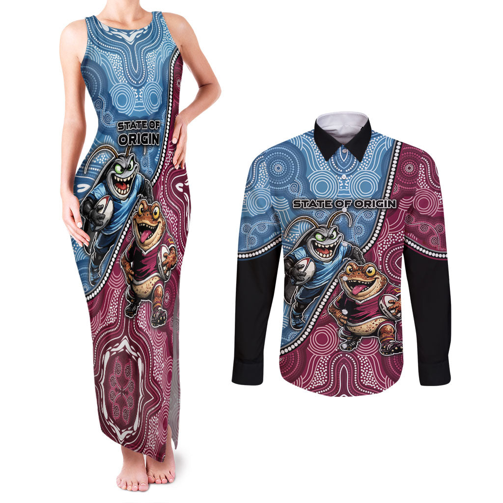 Personalised New South Wales And Queensland Couples Matching Tank Maxi Dress and Long Sleeve Button Shirt Cockroaches With Frogs Aboriginal Art