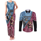 Personalised New South Wales And Queensland Couples Matching Tank Maxi Dress and Long Sleeve Button Shirt Cockroaches With Frogs Aboriginal Art