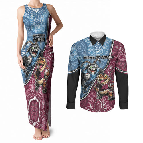 Personalised New South Wales And Queensland Couples Matching Tank Maxi Dress and Long Sleeve Button Shirt Cockroaches With Frogs Aboriginal Art