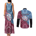 Personalised New South Wales And Queensland Couples Matching Tank Maxi Dress and Long Sleeve Button Shirt Cockroaches With Frogs Aboriginal Art