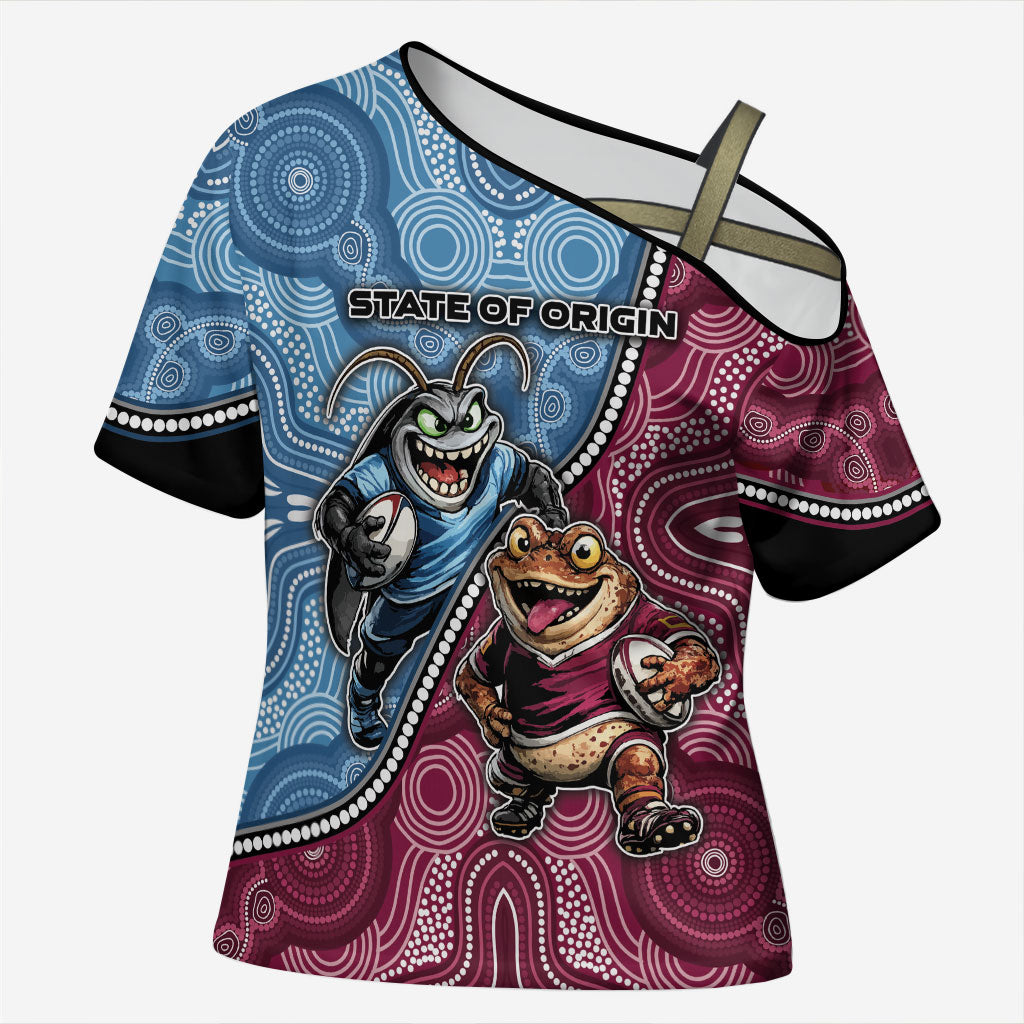 Personalised New South Wales And Queensland Cross Shoulder Shirt Cockroaches With Frogs Aboriginal Art