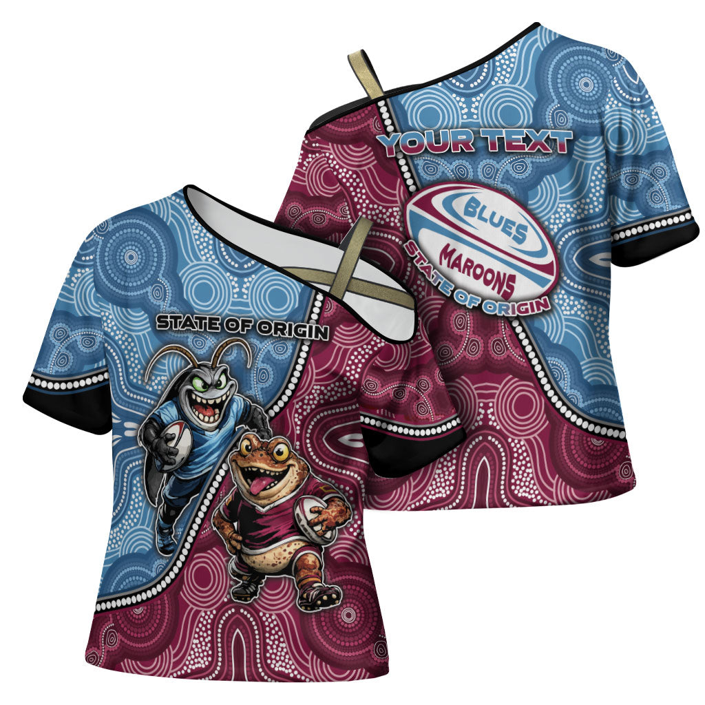 Personalised New South Wales And Queensland Cross Shoulder Shirt Cockroaches With Frogs Aboriginal Art