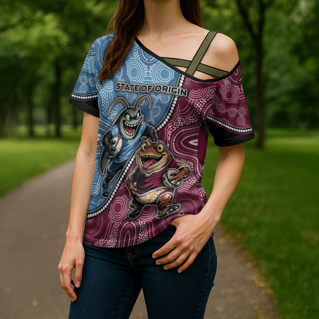 Personalised New South Wales And Queensland Cross Shoulder Shirt Cockroaches With Frogs Aboriginal Art