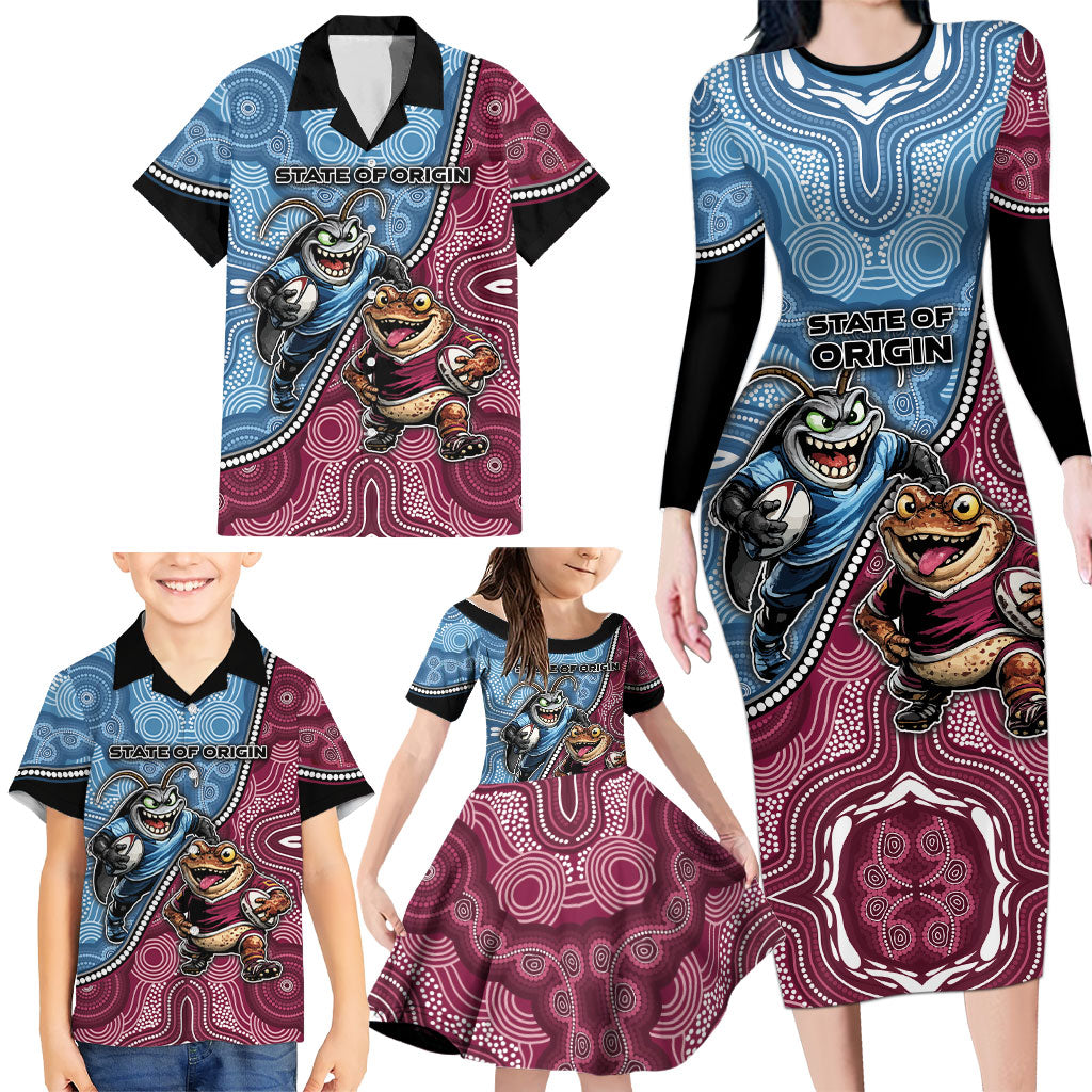 Personalised New South Wales And Queensland Family Matching Long Sleeve Bodycon Dress and Hawaiian Shirt Cockroaches With Frogs Aboriginal Art