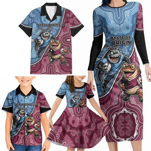 Personalised New South Wales And Queensland Family Matching Long Sleeve Bodycon Dress and Hawaiian Shirt Cockroaches With Frogs Aboriginal Art