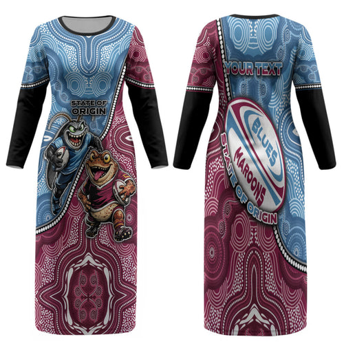 Personalised New South Wales And Queensland Family Matching Long Sleeve Bodycon Dress and Hawaiian Shirt Cockroaches With Frogs Aboriginal Art