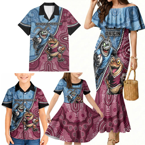 Personalised New South Wales And Queensland Family Matching Mermaid Dress and Hawaiian Shirt Cockroaches With Frogs Aboriginal Art